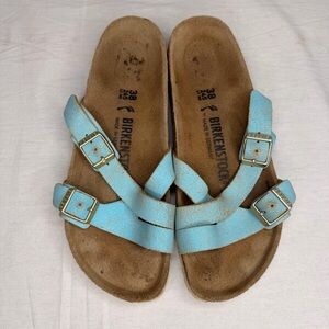 BIRKENSTOCK YAO SLIDE SANDAL WASHED METALLIC AQUA LEATHER SIZE 7-7.5 US 38